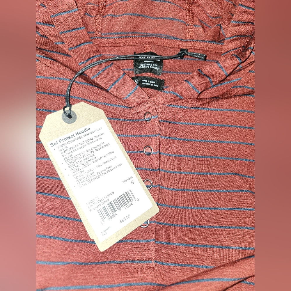 NWT Prana Sol Protect Soft Hoodie Rhubarb Burgundy Navy Stripe S Tencel - Picture 7 of 8